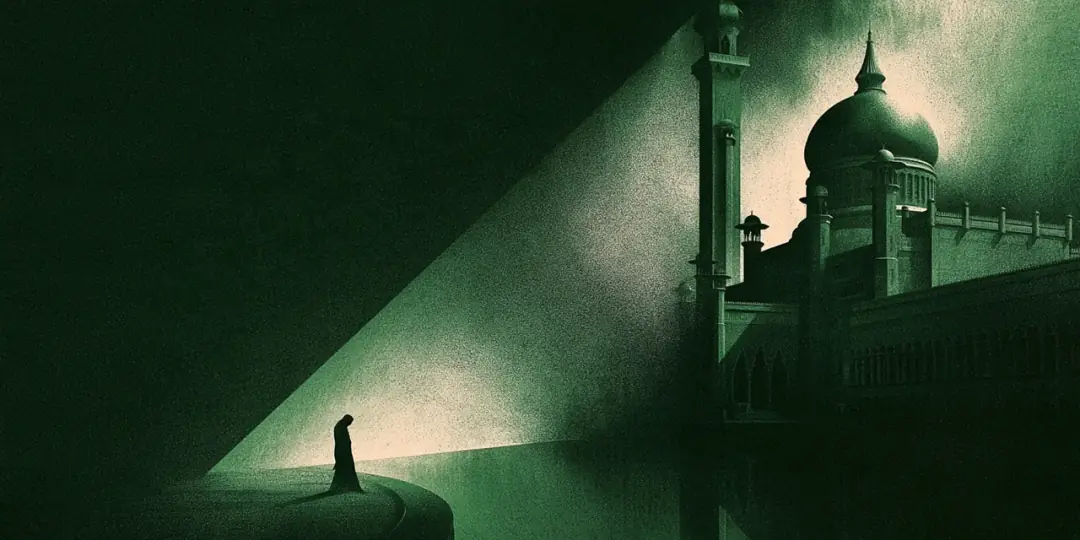 Dark risograph interpretation of Sultan Omar Ali Saifuddien Mosque, Bandar Seri Begawan, with a small figure in a shaft of light.